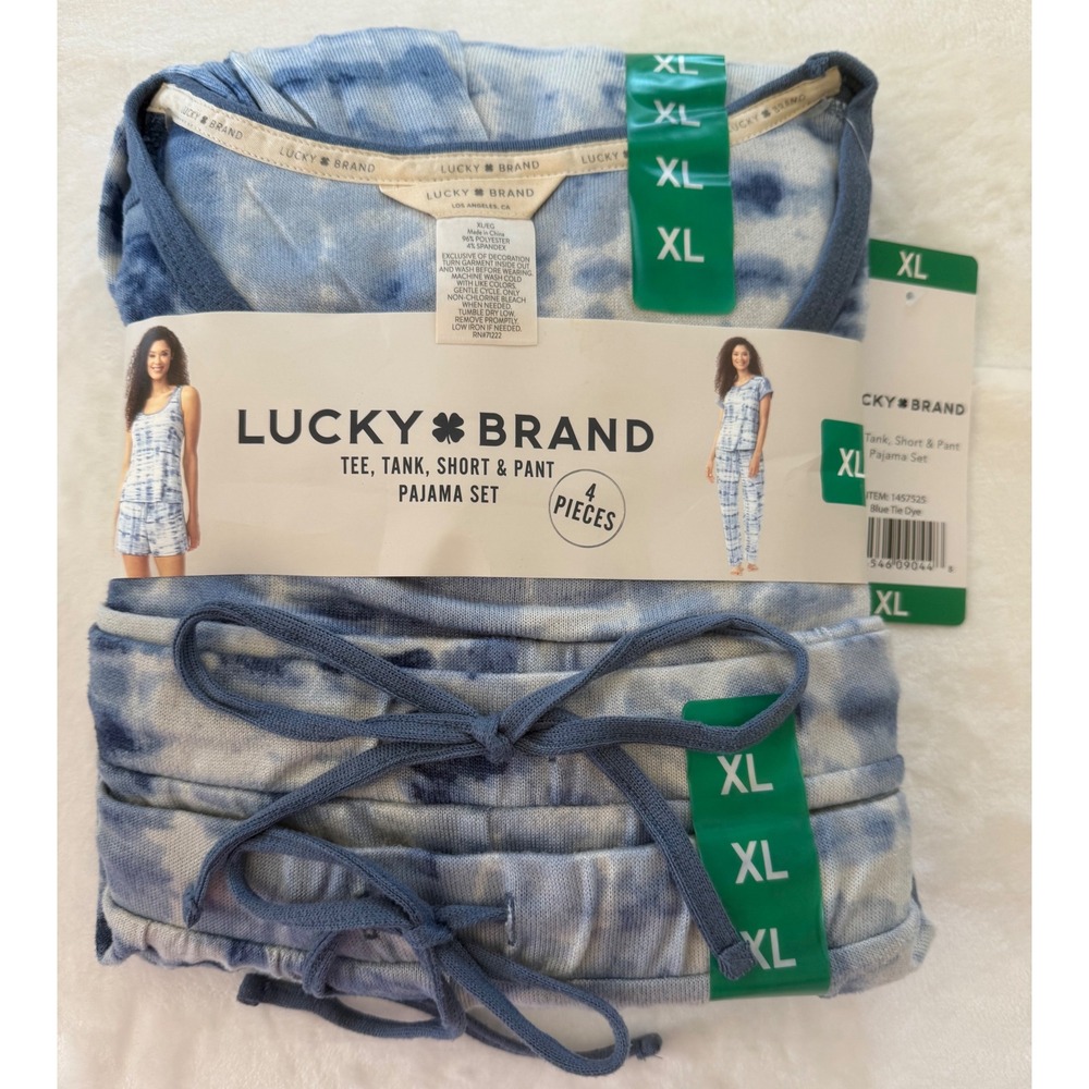 Lucky Brand Womens 4 Piece Pajama Set Blue Tie Dye Tee Tank Short Pant XL NWT